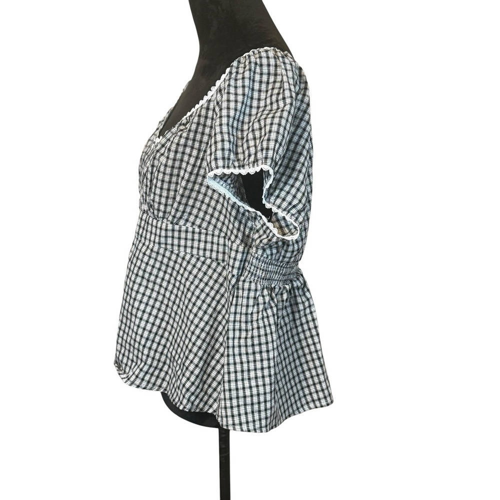 Women's Black White Gingham Check Cropped Top 2XL Milkmaid Peasant Puff Sleeve - Picture 3 of 11